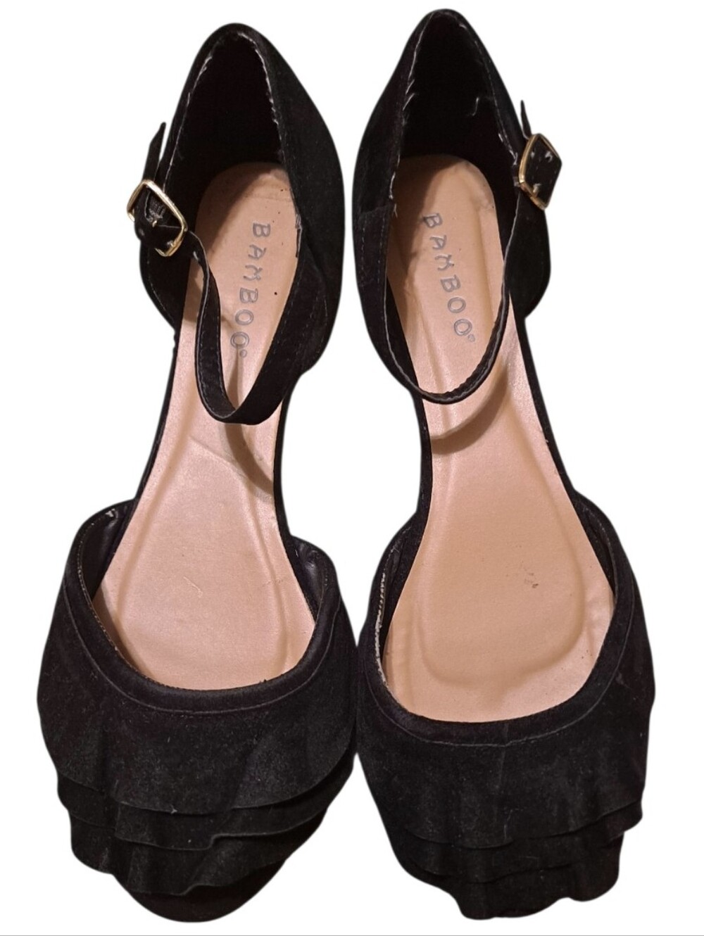 BAMBOO Black Ankle-Strap Ruffle Flats